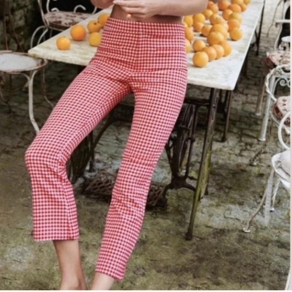 NWT ZARA Red Gingham Flared Ankle Pants Size M